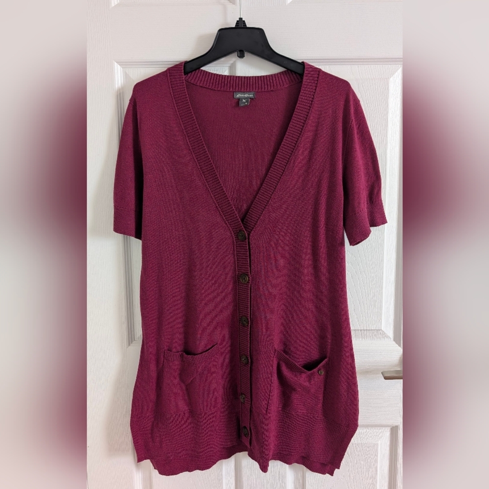 Eddie Bauer Burgundy Luxury Cotton Tencel Knit Short Sleeve Long Cardigan Sz M